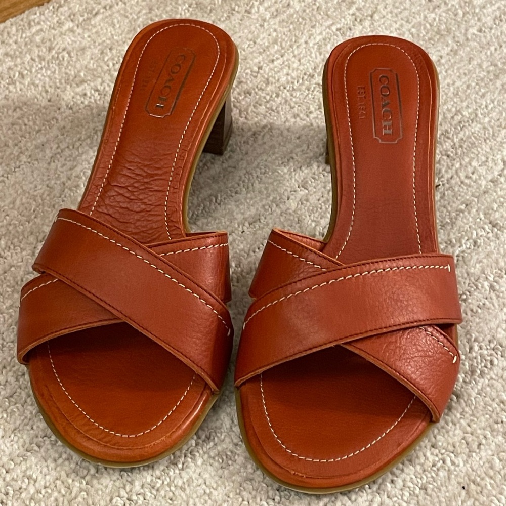 Original Coach Heel Slides, never worn, box included, rare orange/brown leather